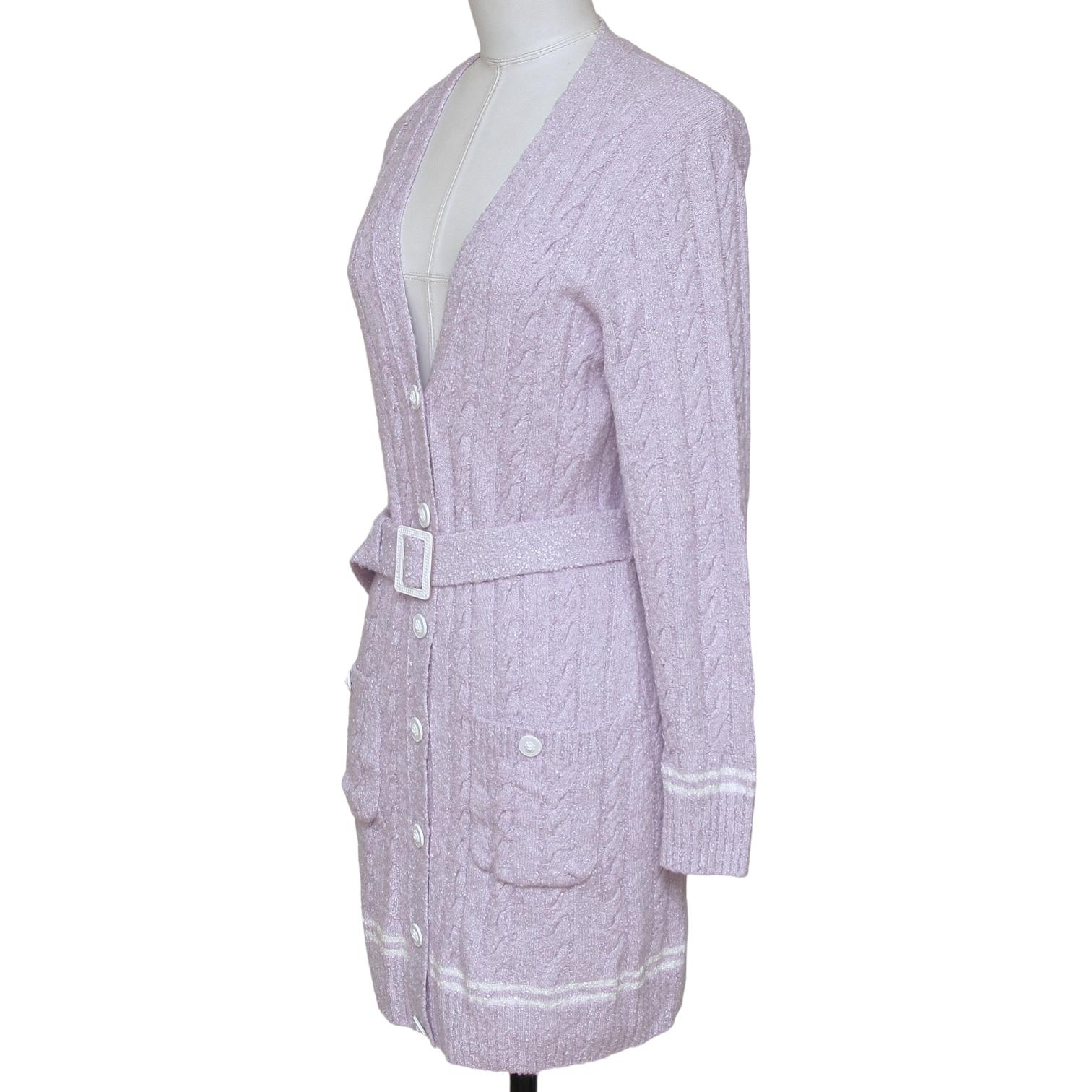 CHANEL Cardigan Sweater Knit Top Lavender White Long Sleeve Belt V-Neck 34 2022 In Excellent Condition For Sale In Hollywood, FL