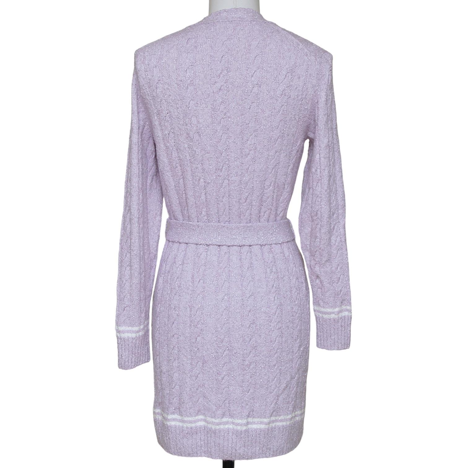 Women's or Men's CHANEL Cardigan Sweater Knit Top Lavender White Long Sleeve Belt V-Neck 34 2022 For Sale