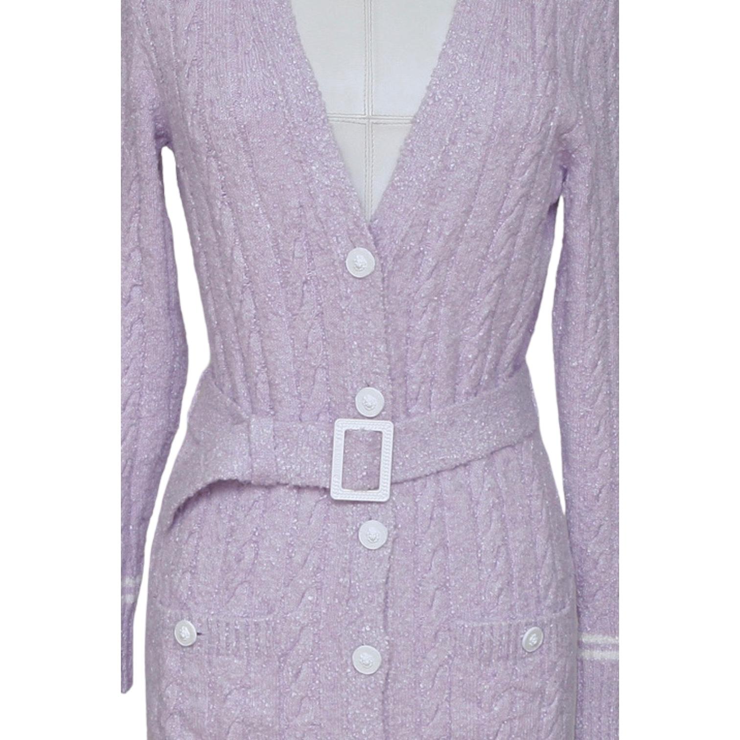 CHANEL Cardigan Sweater Knit Top Lavender White Long Sleeve Belt V-Neck 34 2022 For Sale 2