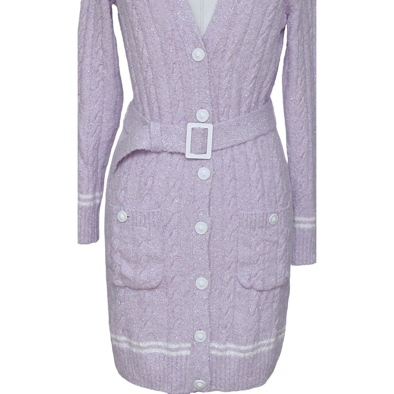CHANEL Cardigan Sweater Knit Top Lavender White Long Sleeve Belt V-Neck 34 2022 For Sale 3