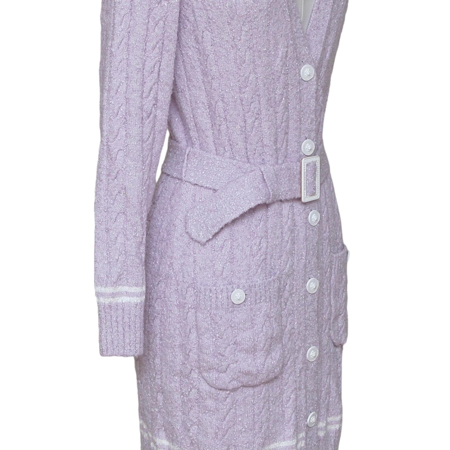 CHANEL Cardigan Sweater Knit Top Lavender White Long Sleeve Belt V-Neck 34 2022 For Sale 4