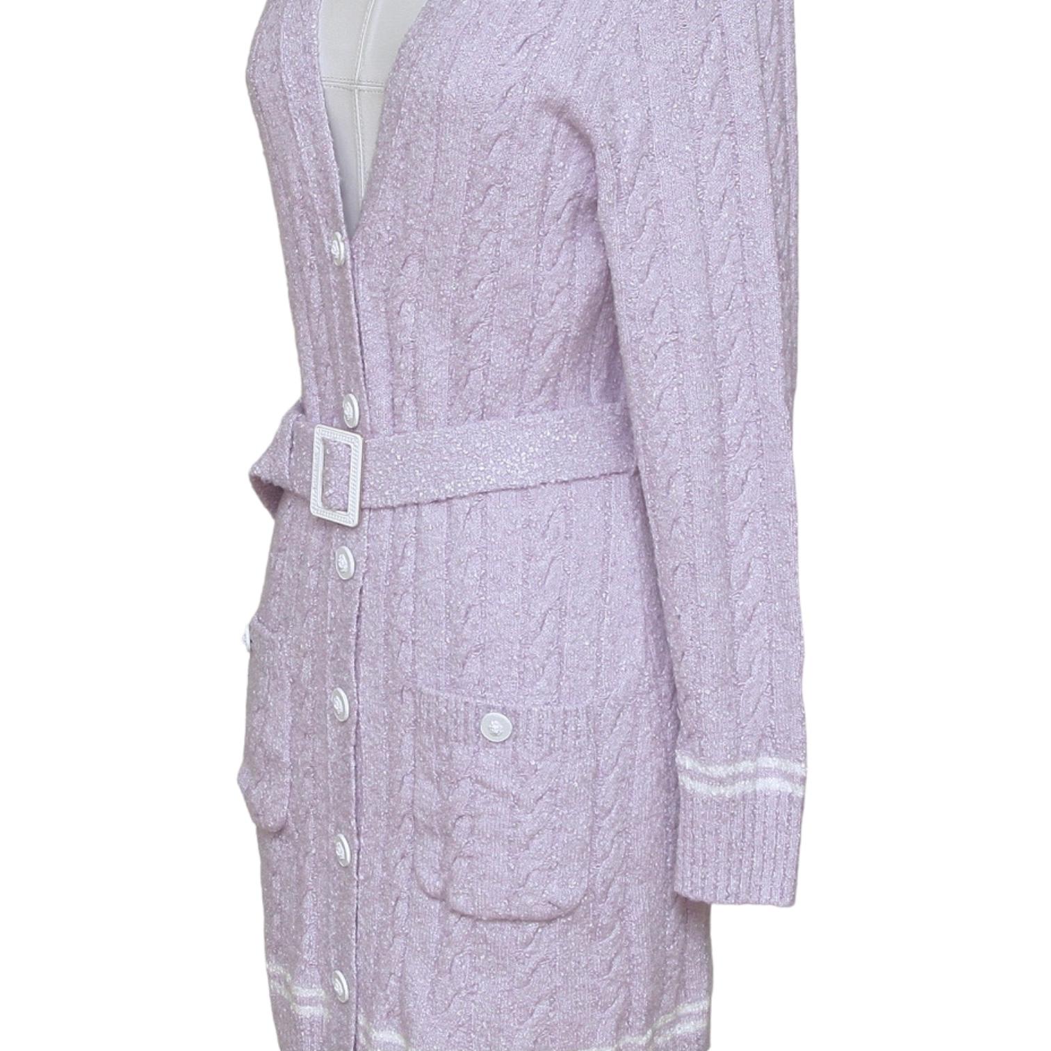 CHANEL Cardigan Sweater Knit Top Lavender White Long Sleeve Belt V-Neck 34 2022 For Sale 5