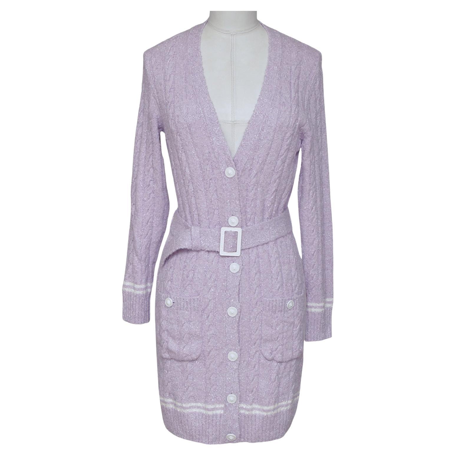 CHANEL Cardigan Sweater Knit Top Lavender White Long Sleeve Belt V-Neck 34 2022 For Sale