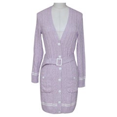Used CHANEL Cardigan Sweater Knit Top Lavender White Long Sleeve Belt V-Neck 34 2022