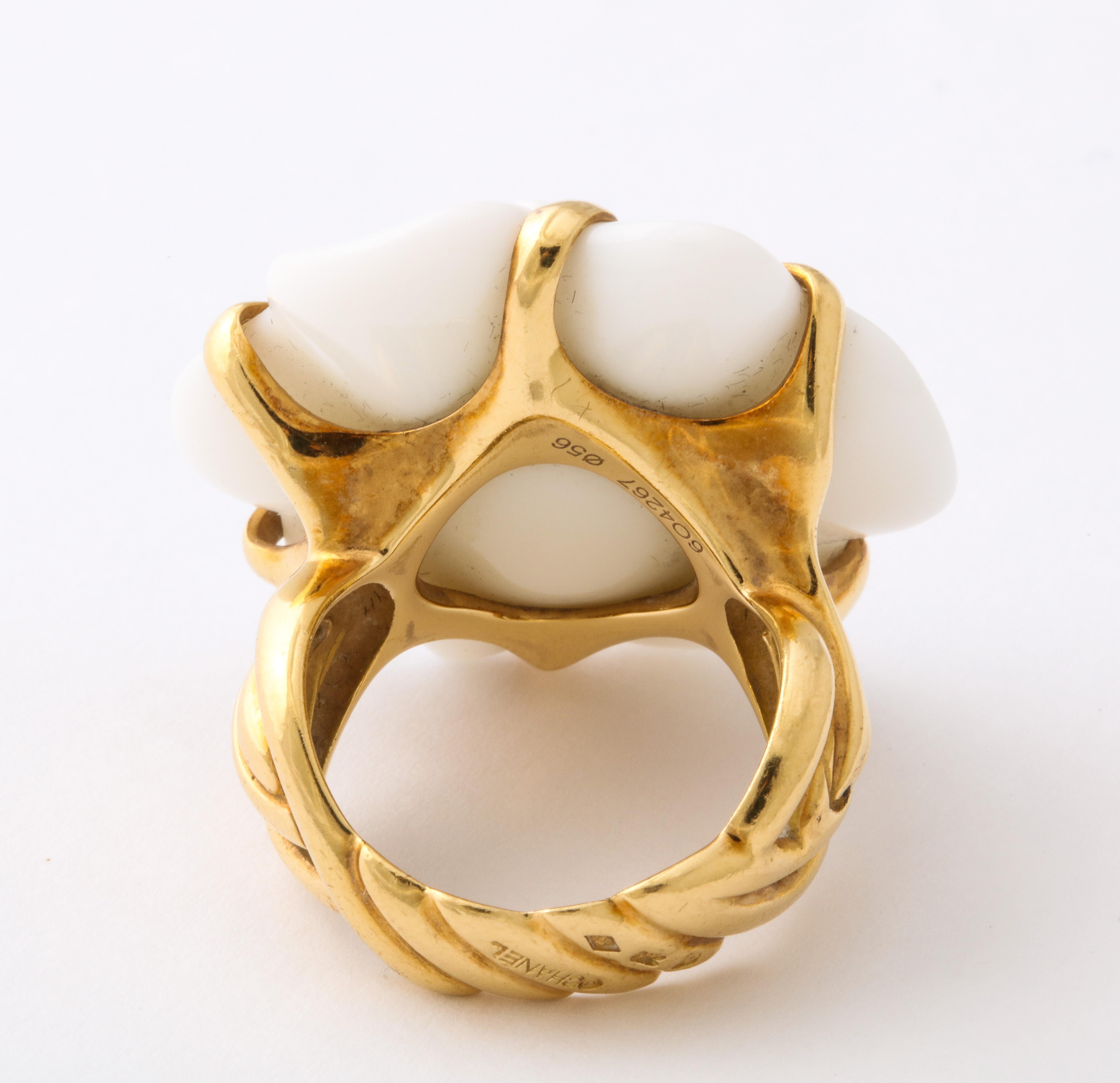 Chanel Carved White Agate Gold Camelia Flower Ring In Excellent Condition In New York, NY