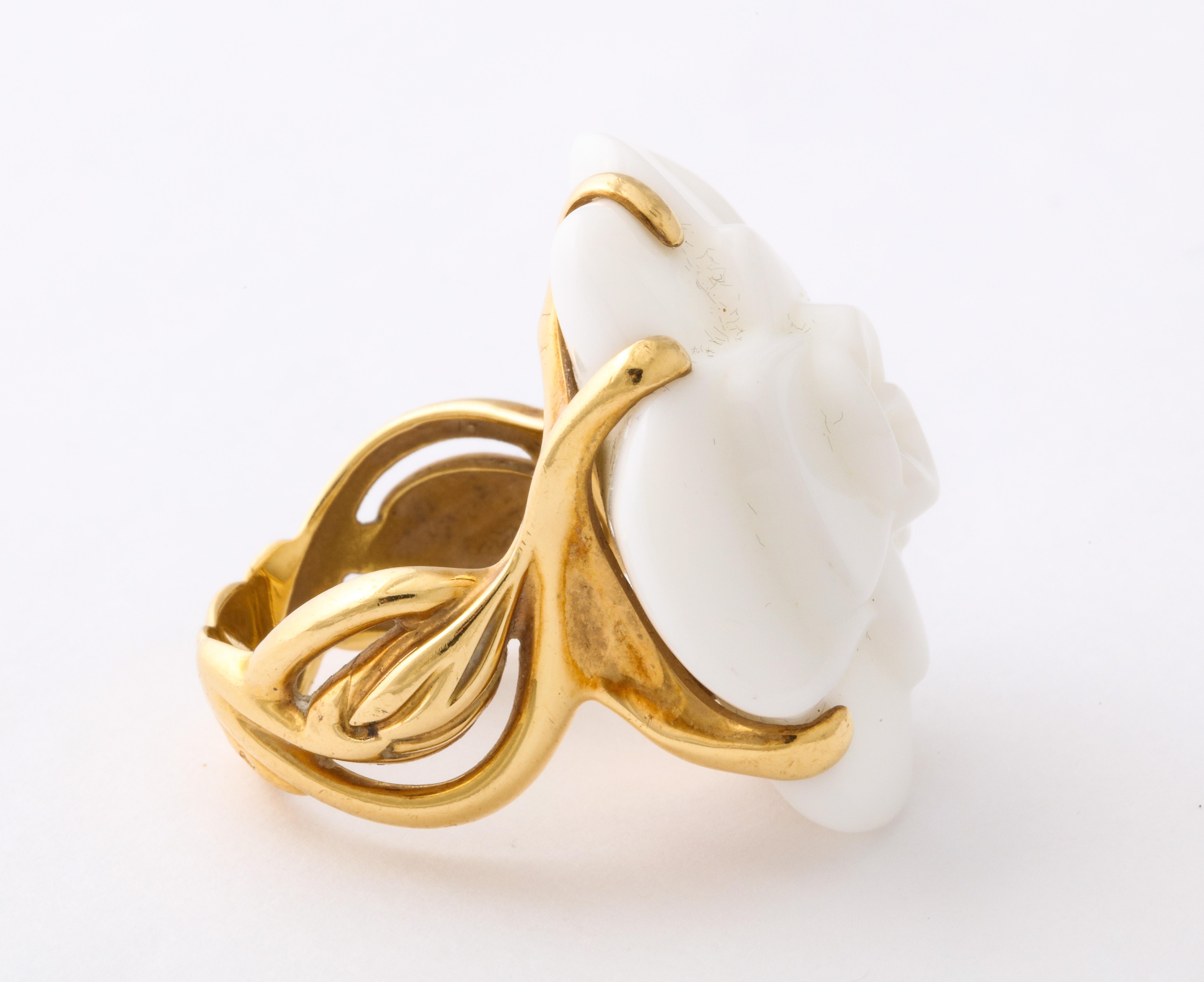 Women's Chanel Carved White Agate Gold Camelia Flower Ring