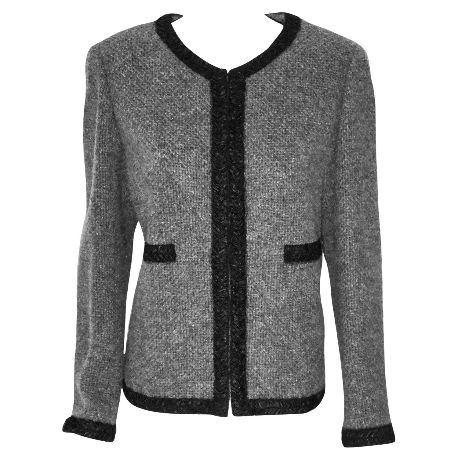 Chanel Cashmere & Alpaca Grey W/  Black Silk Ribbon Trim 2010 Fall Jacket