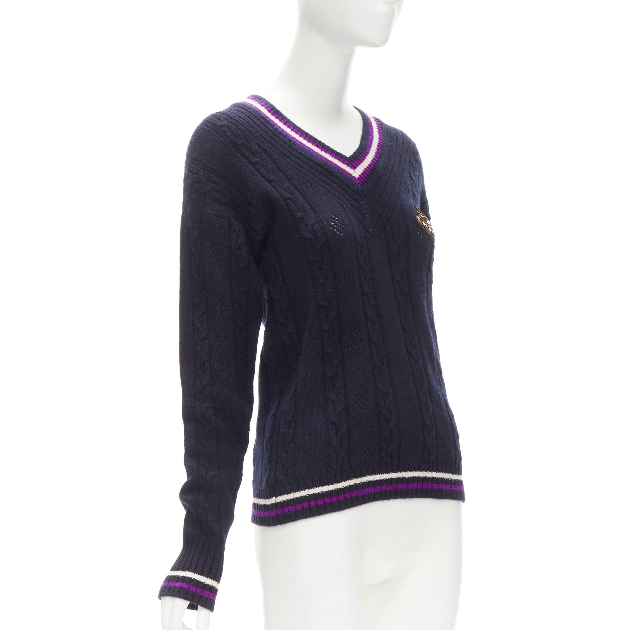 Black CHANEL cashmere blend navy purple embroidered badge schoolboy sweater FR38 M For Sale
