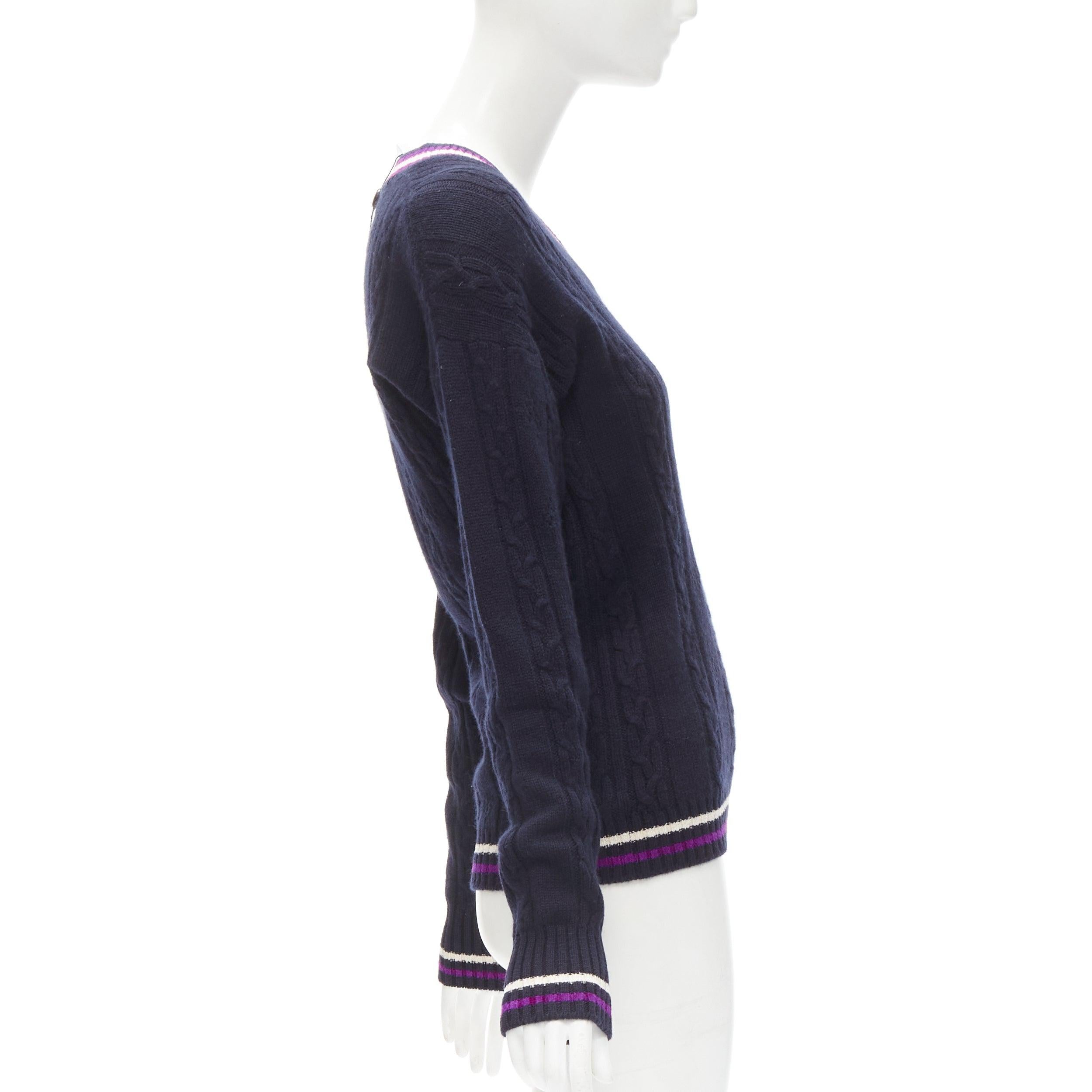 CHANEL cashmere blend navy purple embroidered badge schoolboy sweater FR38 M In New Condition For Sale In Hong Kong, NT