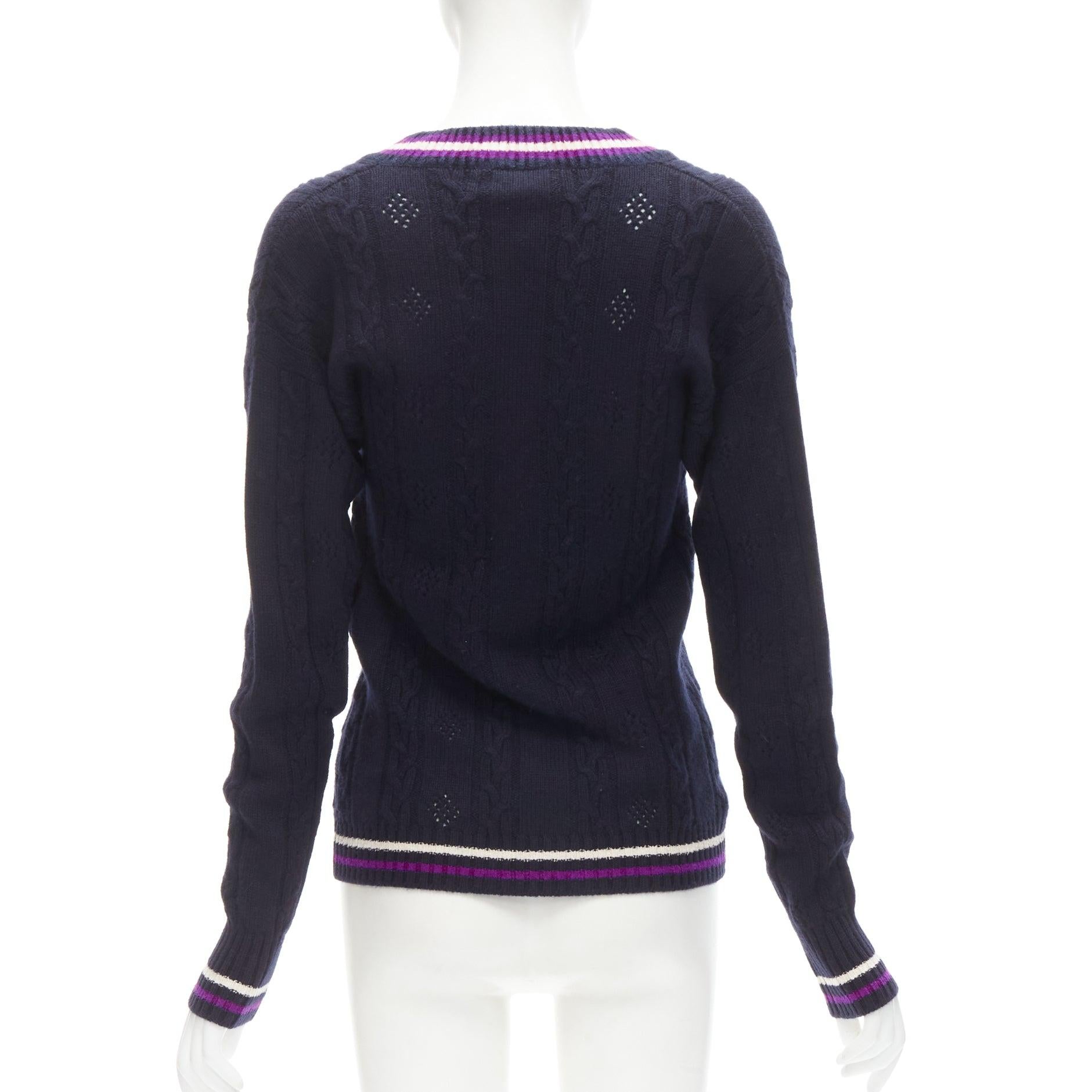 Women's CHANEL cashmere blend navy purple embroidered badge schoolboy sweater FR38 M For Sale