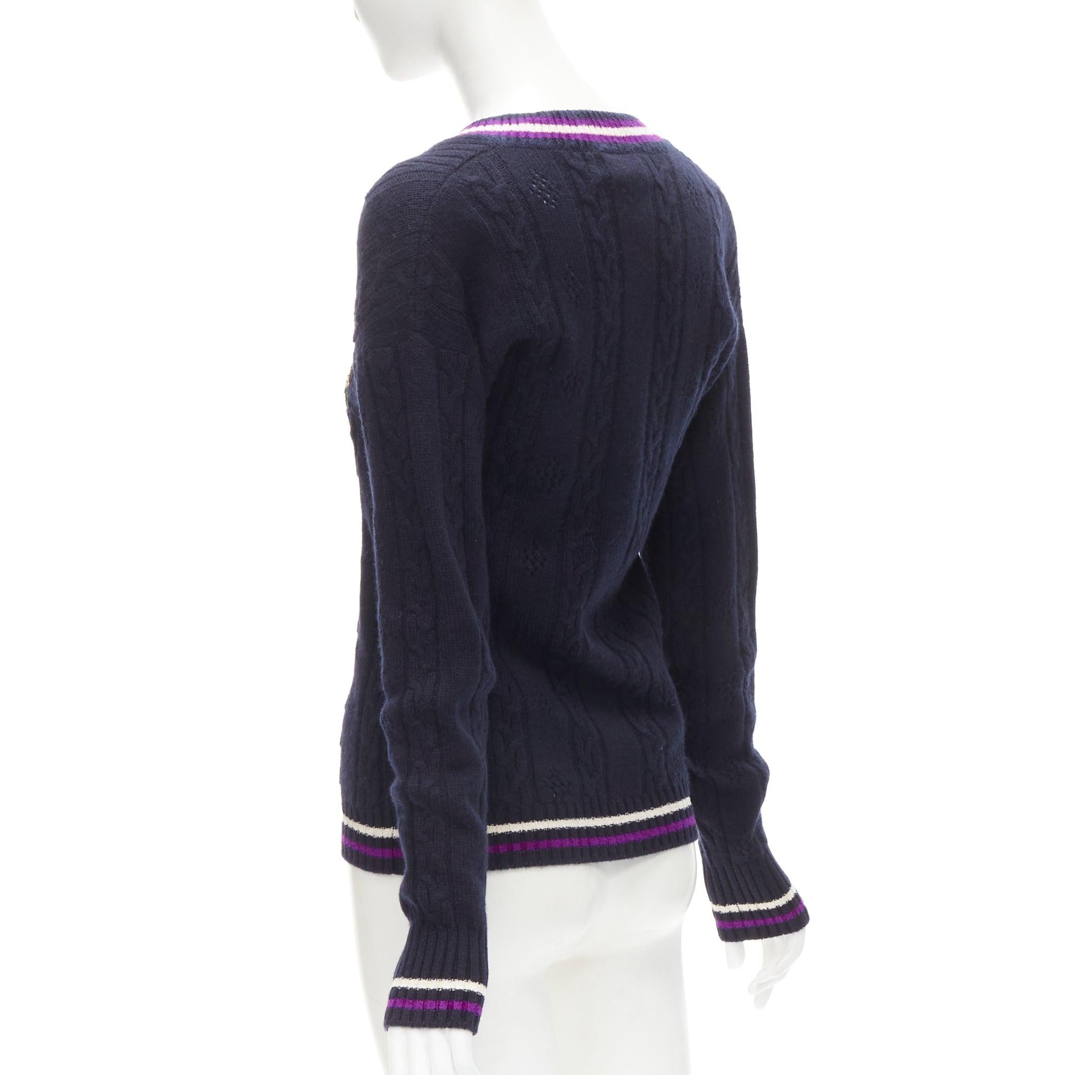 CHANEL cashmere blend navy purple embroidered badge schoolboy sweater FR38 M For Sale 1