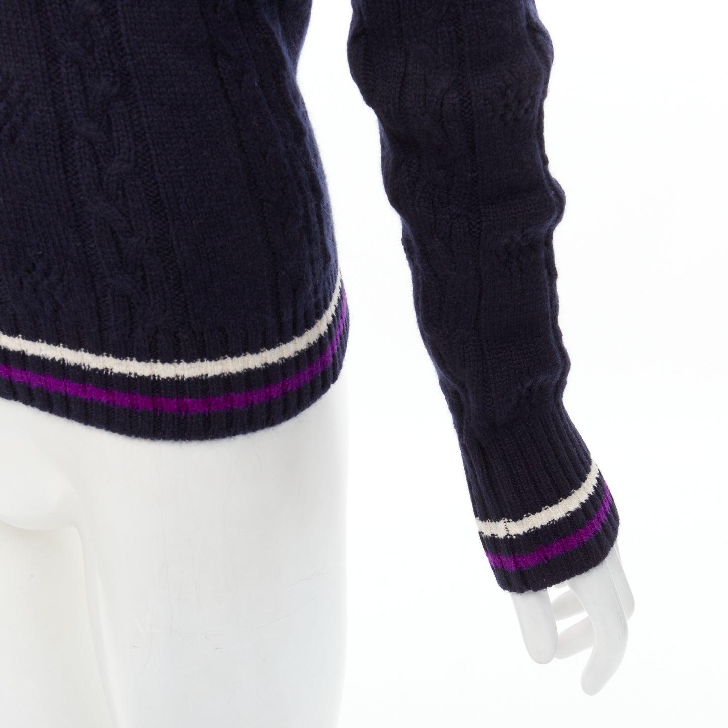 CHANEL cashmere blend navy purple embroidered badge schoolboy sweater FR38 M For Sale 2