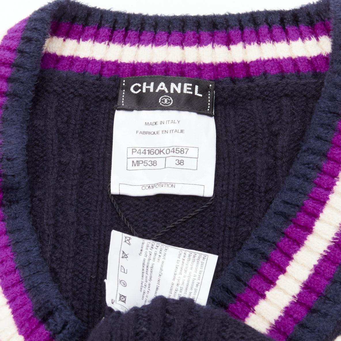 CHANEL cashmere blend navy purple embroidered badge schoolboy sweater FR38 M For Sale 3