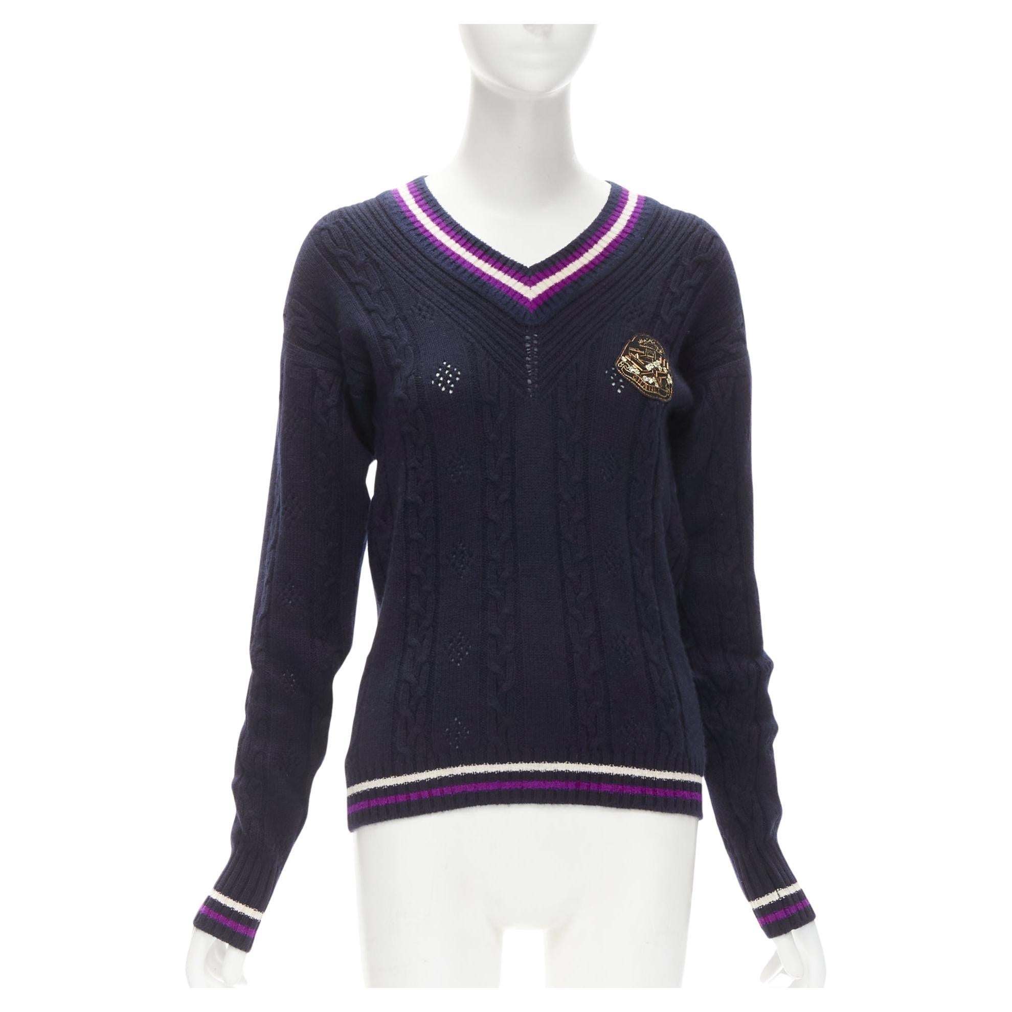 CHANEL cashmere blend navy purple embroidered badge schoolboy sweater FR38 M For Sale