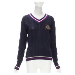 CHANEL cashmere blend navy purple embroidered badge schoolboy sweater FR38 M