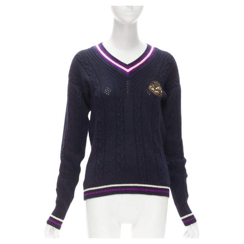 Pull schoolboy en cachemire mélangé violet marine brodé CHANEL FR38 M
