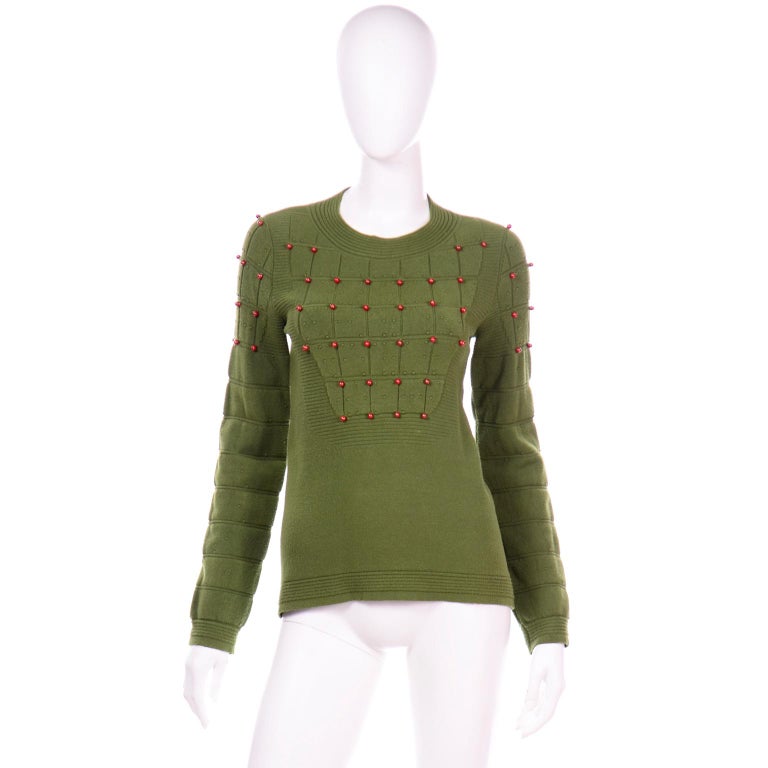 Black Chanel Cashmere Blend Textured Beaded Green Pullover 2010 Runway Sweater  For Sale