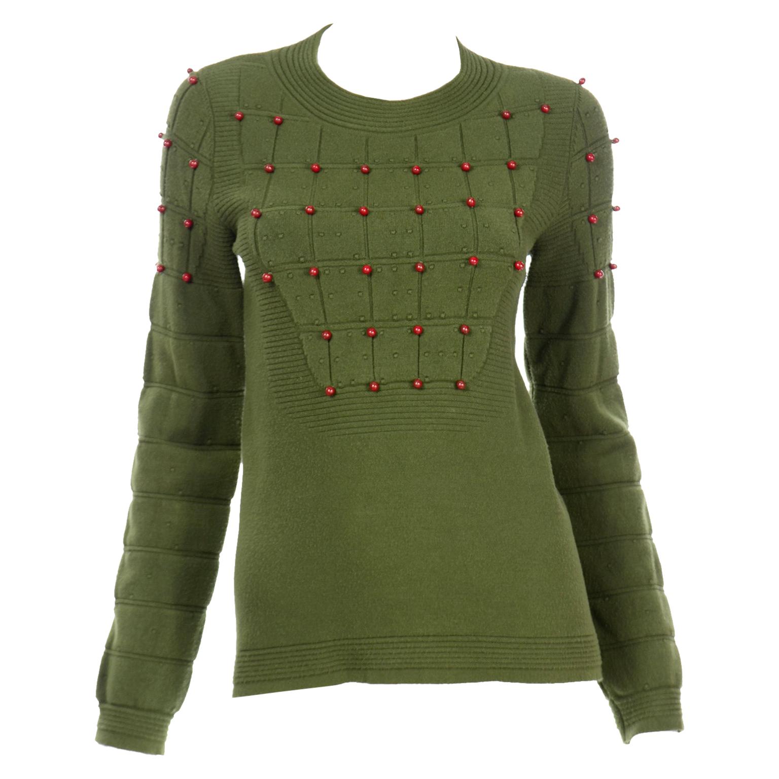 Chanel Cashmere Blend Textured Beaded Green Pullover 2010 Runway Sweater 