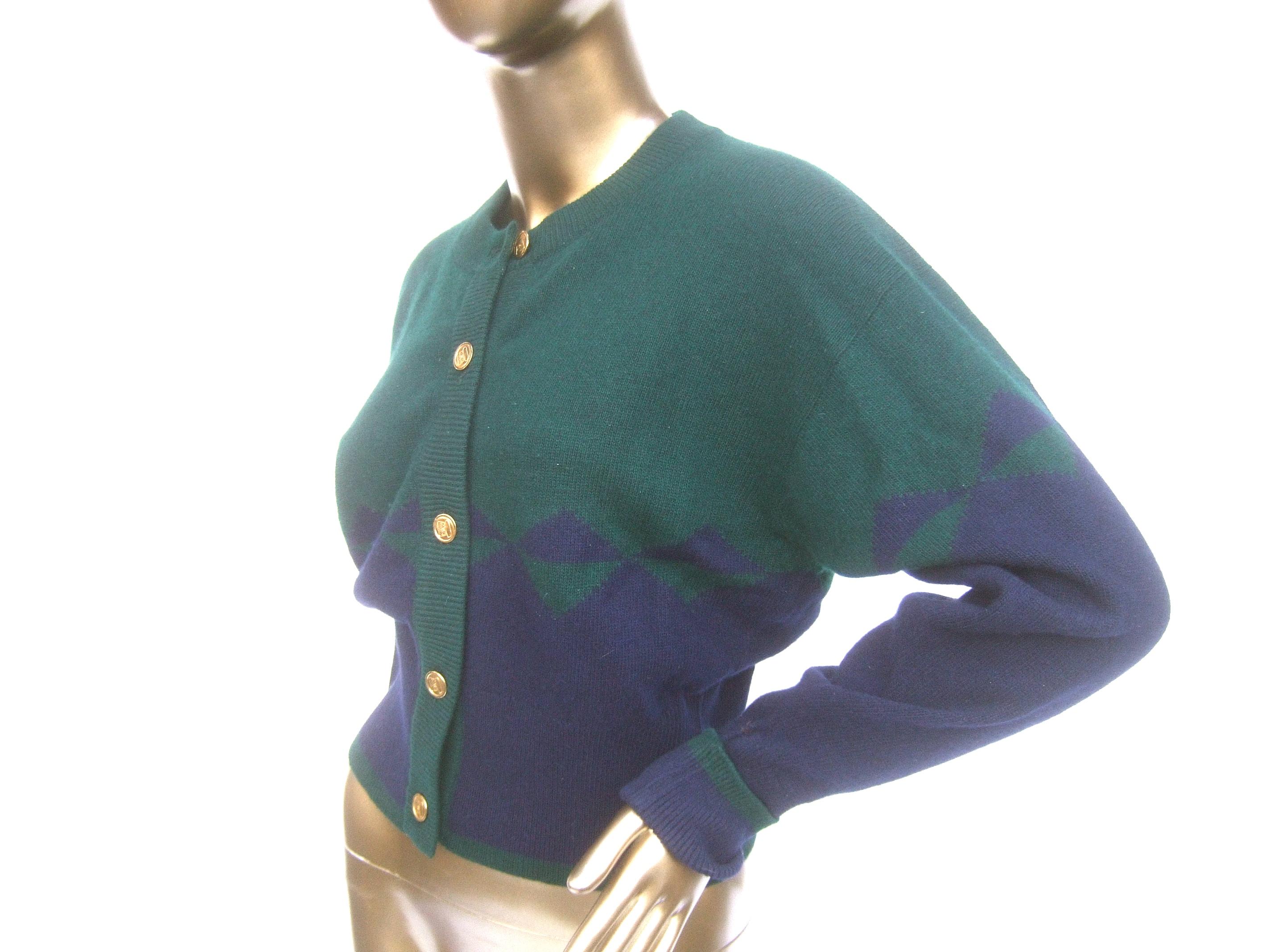 Chanel Cashmere Blue & Green Gilt Metal Logo Button Cardigan circa 1990 For Sale 2