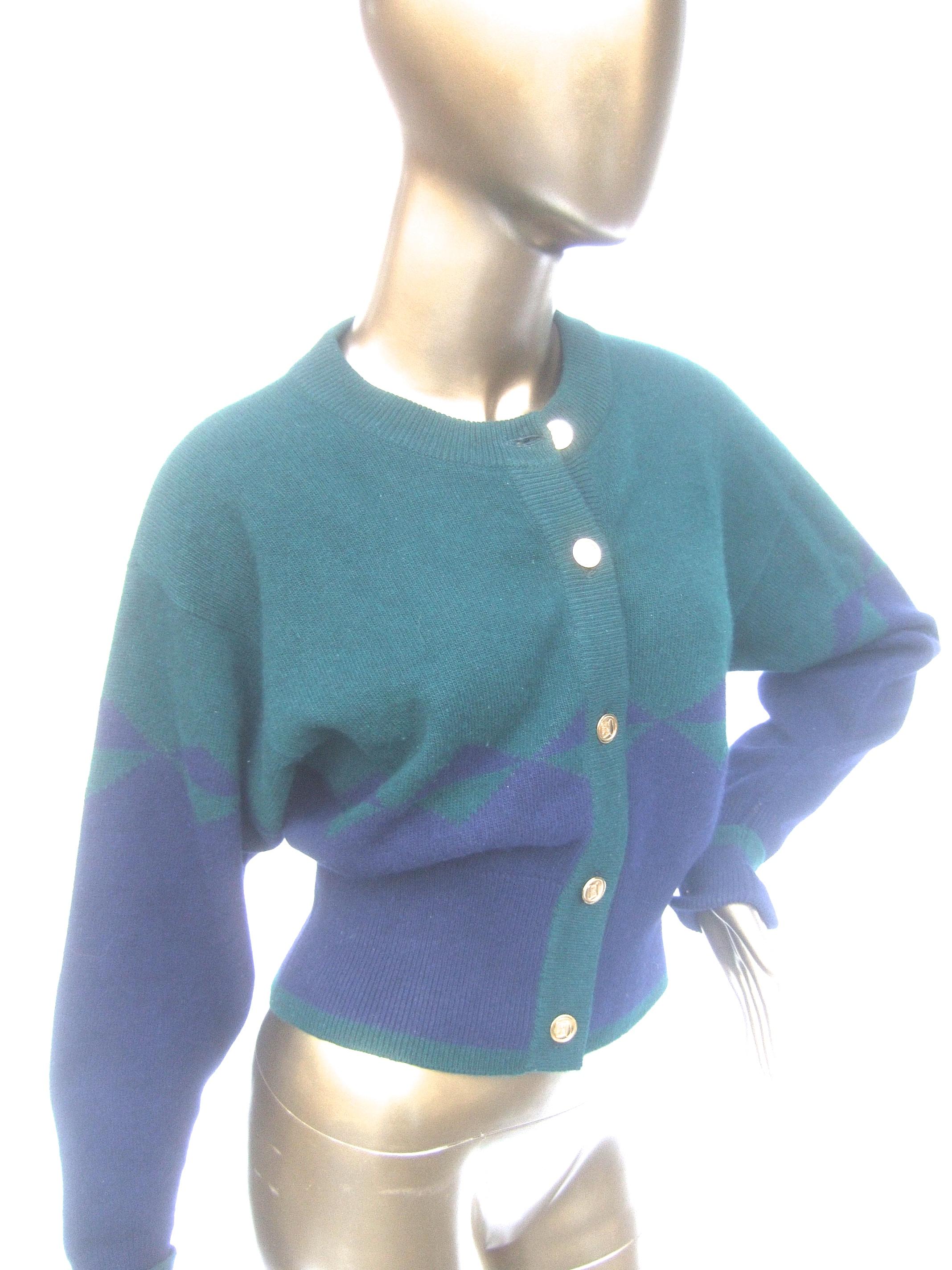 Chanel Cashmere Blue & Green Gilt Metal Logo Button Cardigan circa 1990 For Sale 5