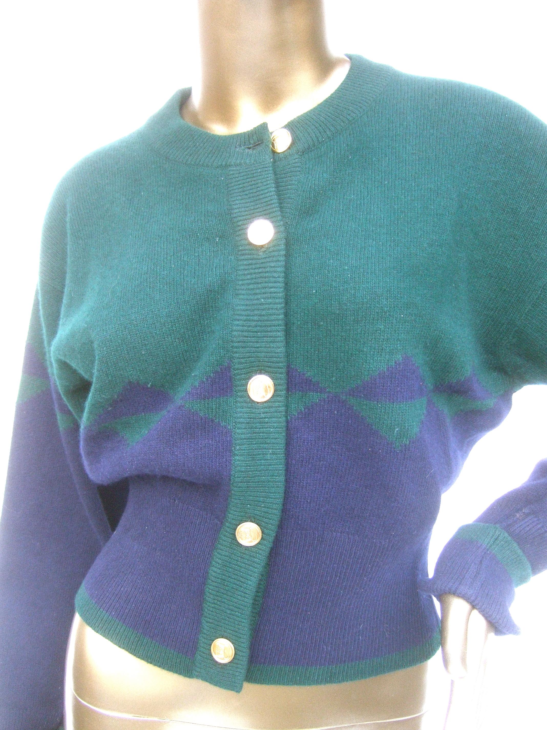 Gray Chanel Cashmere Blue & Green Gilt Metal Logo Button Cardigan circa 1990 For Sale