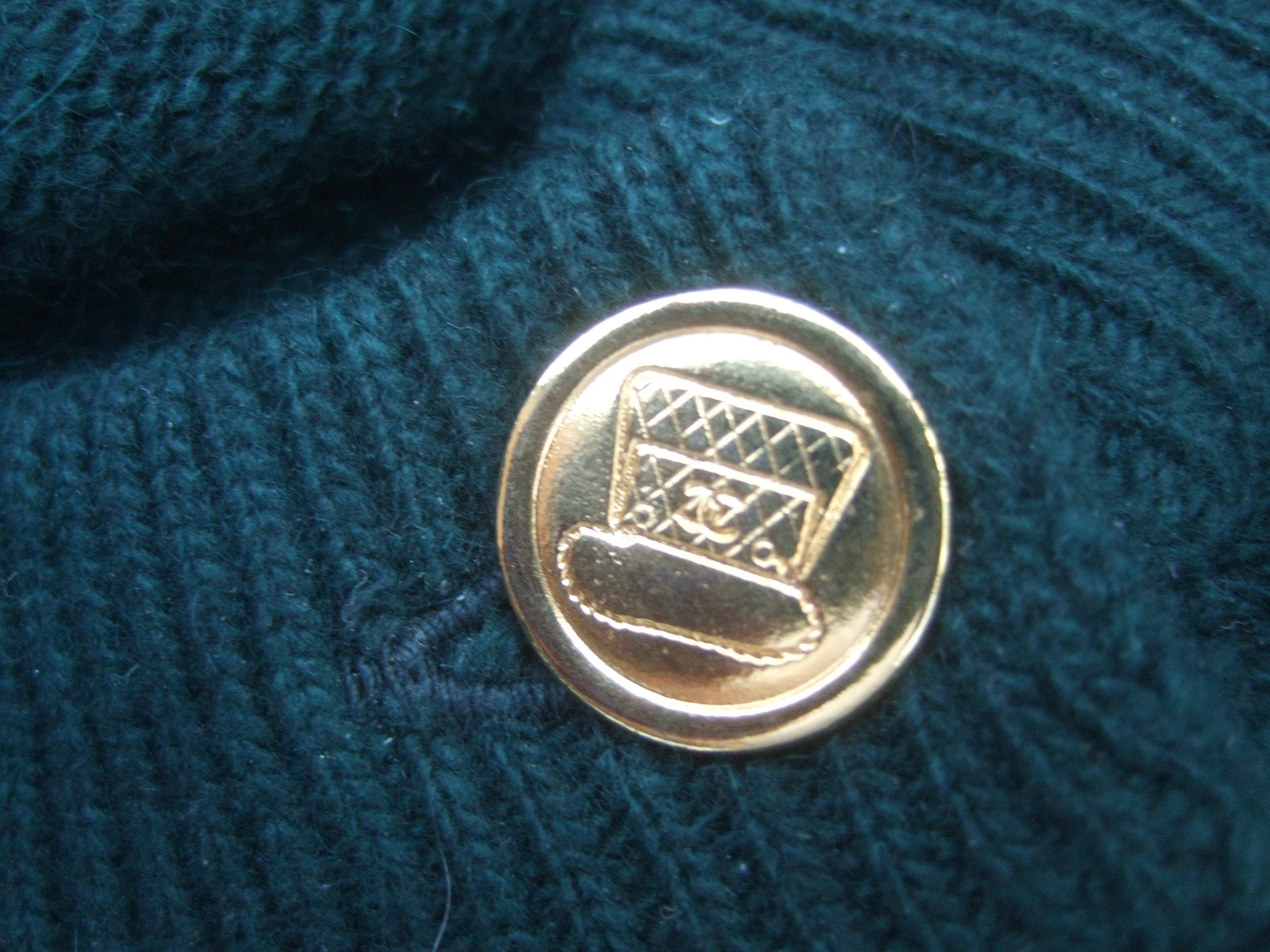 Women's Chanel Cashmere Blue & Green Gilt Metal Logo Button Cardigan circa 1990 For Sale