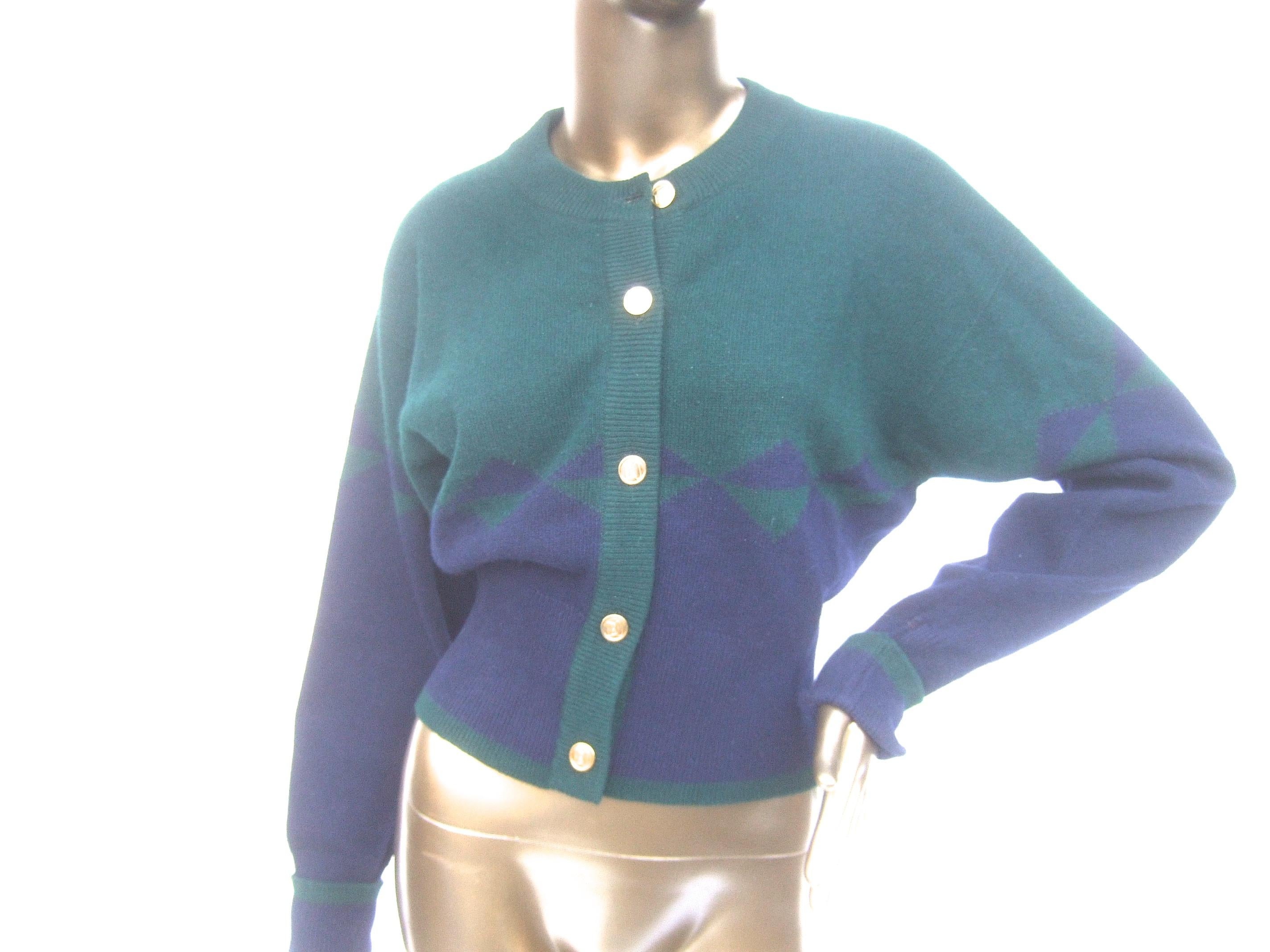 Chanel Cashmere Blue & Green Gilt Metal Logo Button Cardigan circa 1990 For Sale 1