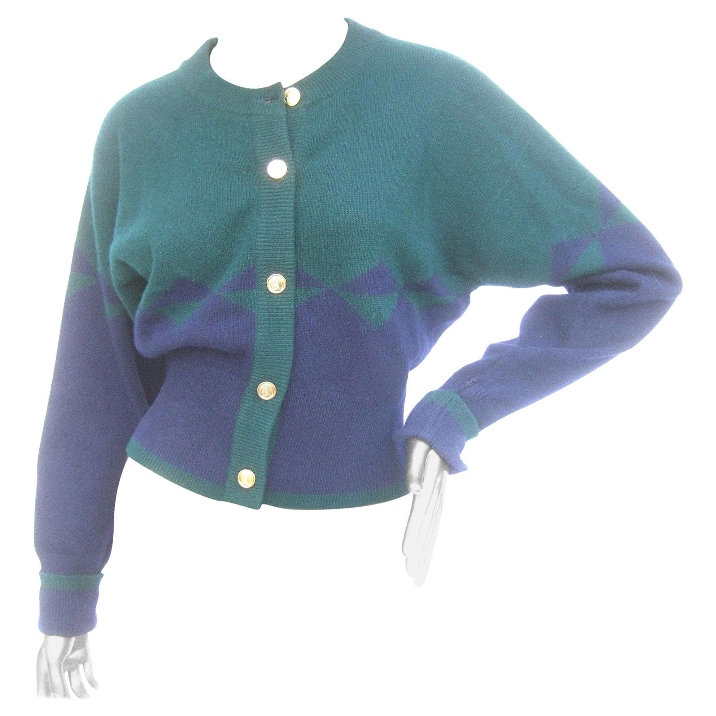 Chanel Cashmere Blue & Green Gilt Metal Logo Button Cardigan circa 1990 For Sale