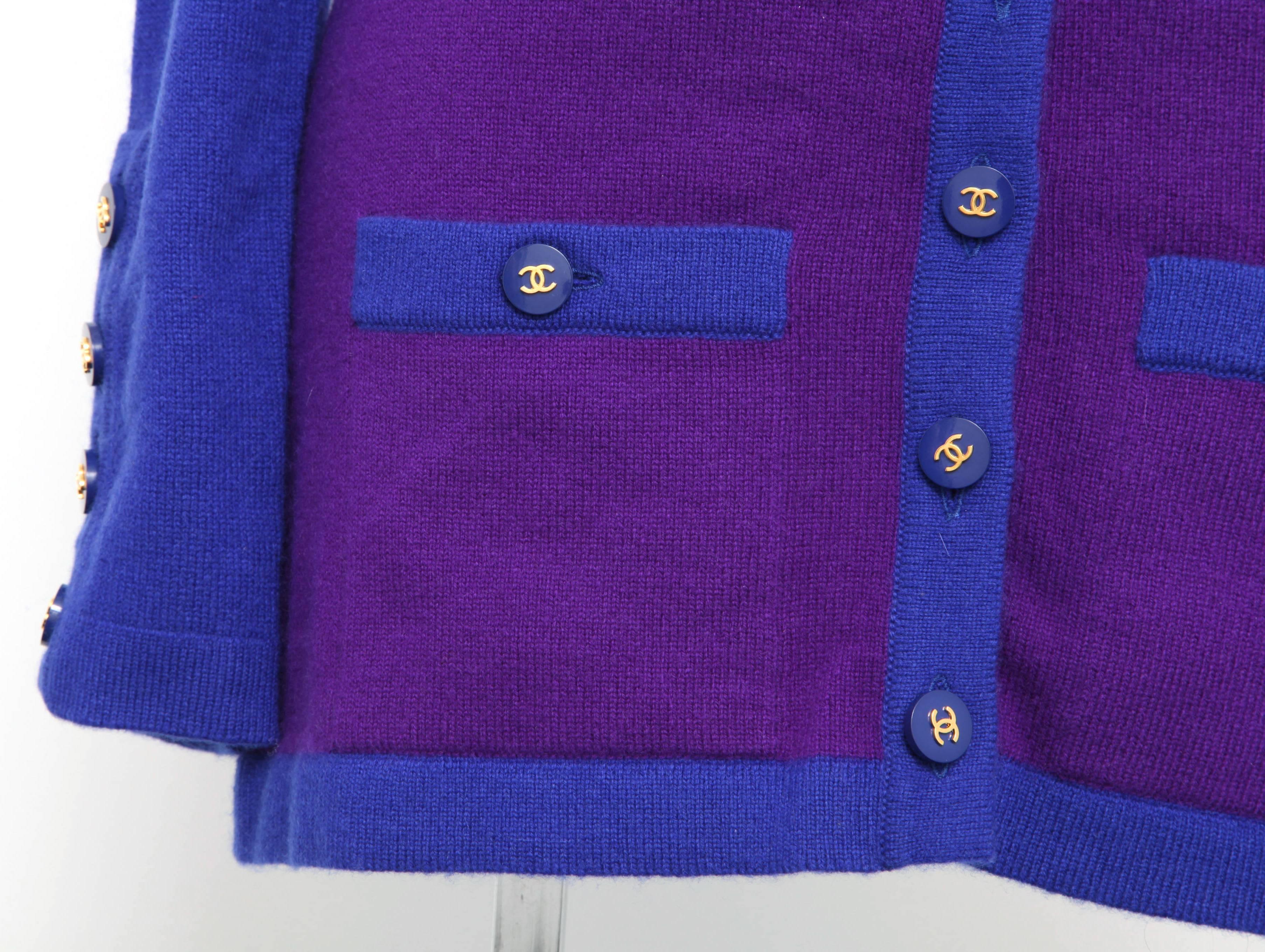 Purple Chanel Cashmere Cardigan Sweater with CC Buttons, 1990s For Sale