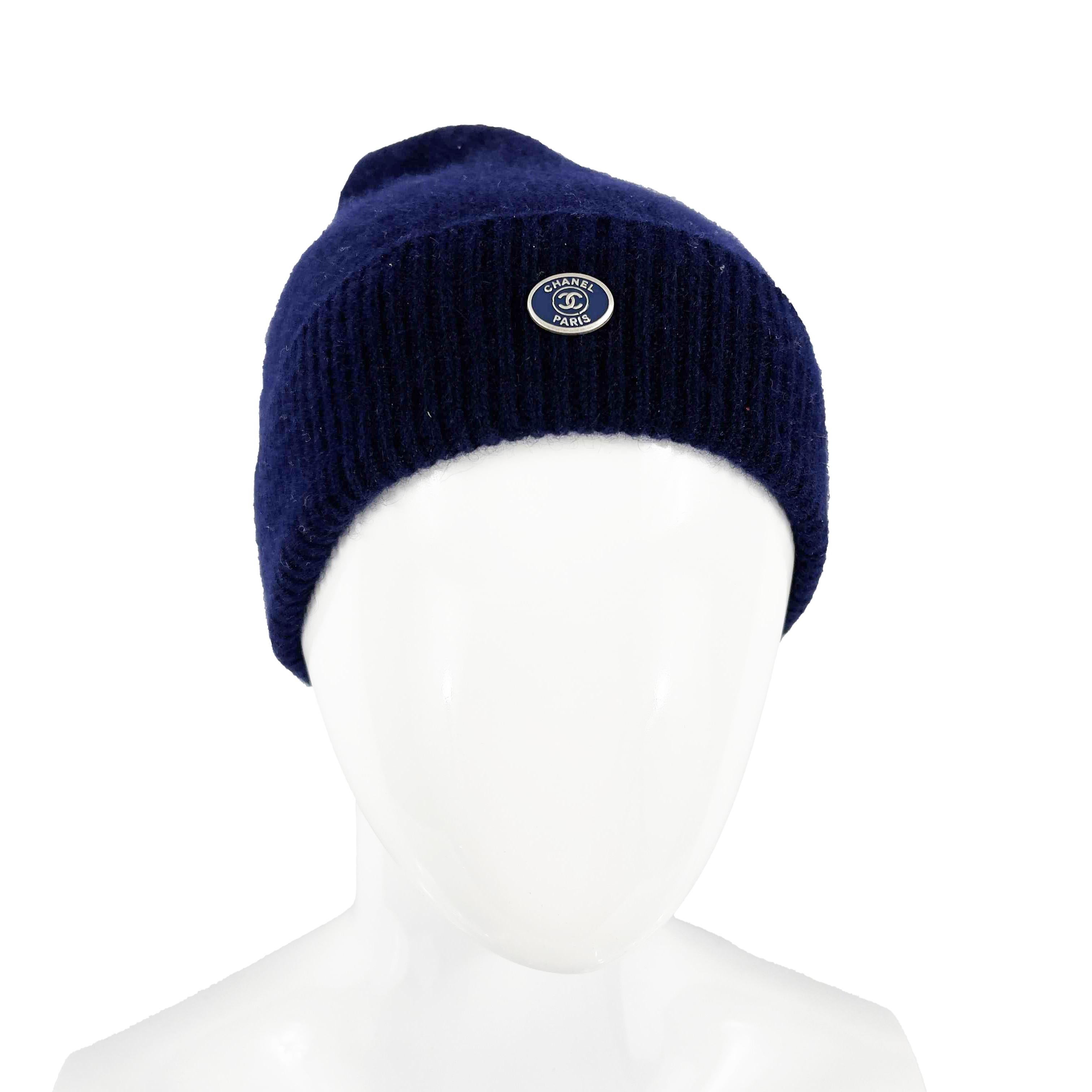 CHANEL Cashmere CC Logo Beanie Navy Blue Hat CC Logo One Size 3