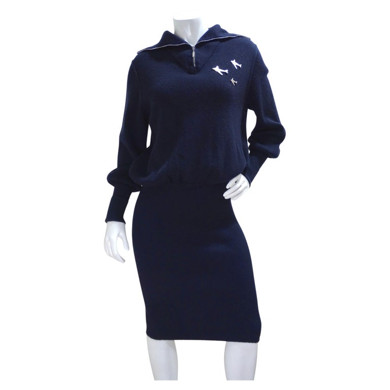 Chanel Cashmere Knit Plane Pins Navy Blue Dress For Sale at