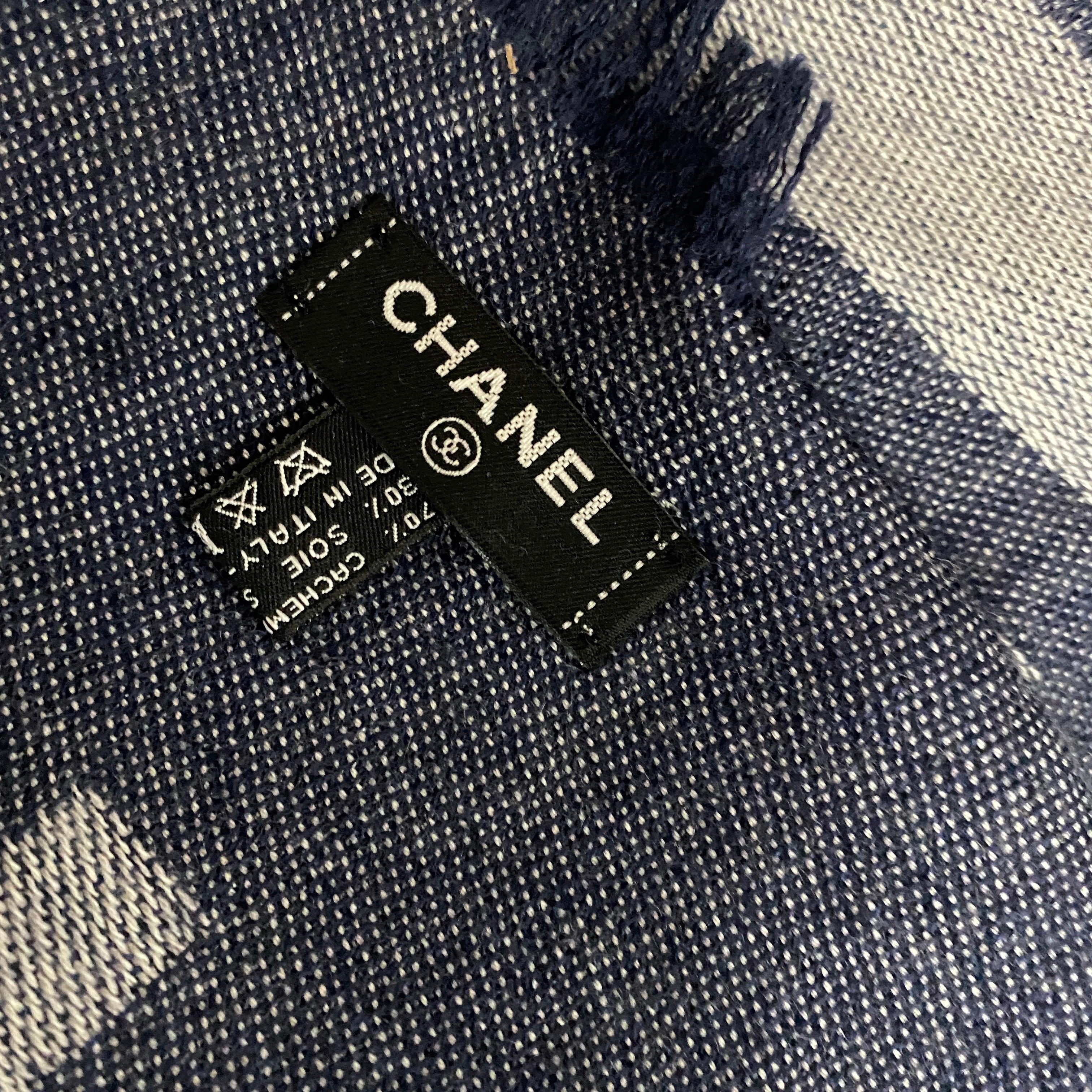 Black Blue and Gray Cashmere and Silk Scarf by Chanel 