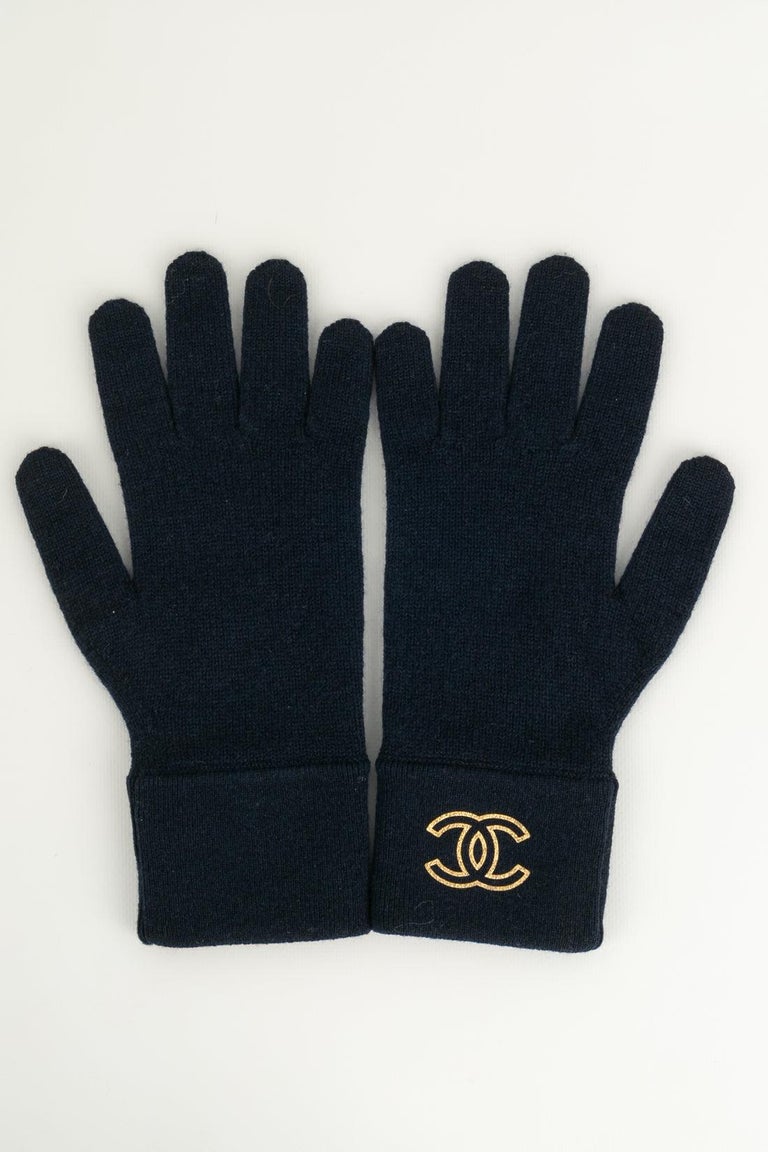 Chanel Cashmere Scarf, Pair of Gloves and Blue Hat Set For Sale at