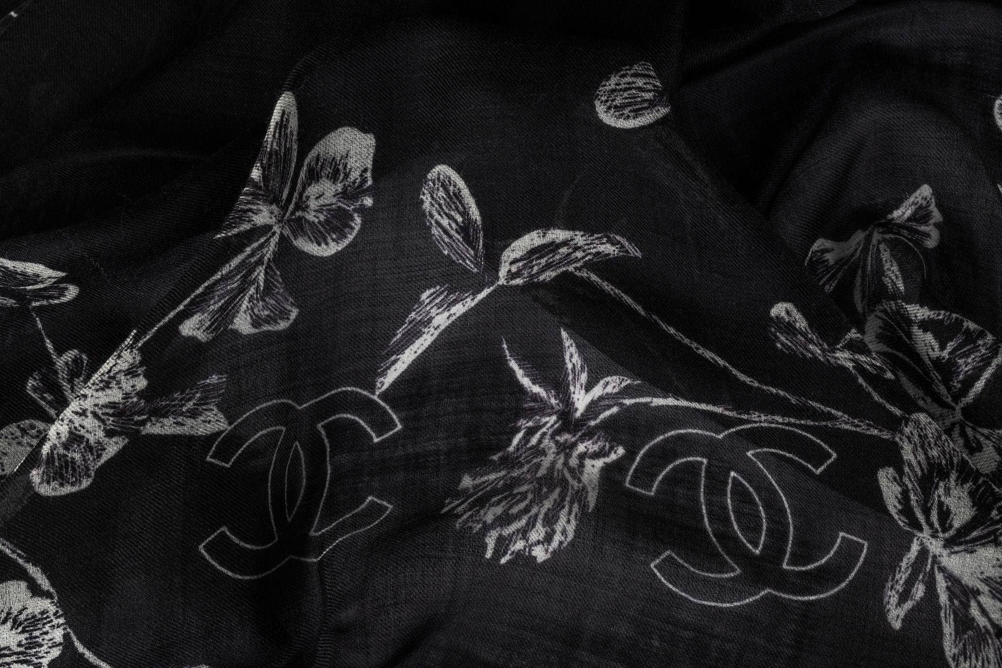 Chanel Cashmere Shawl Floral Print Black 1