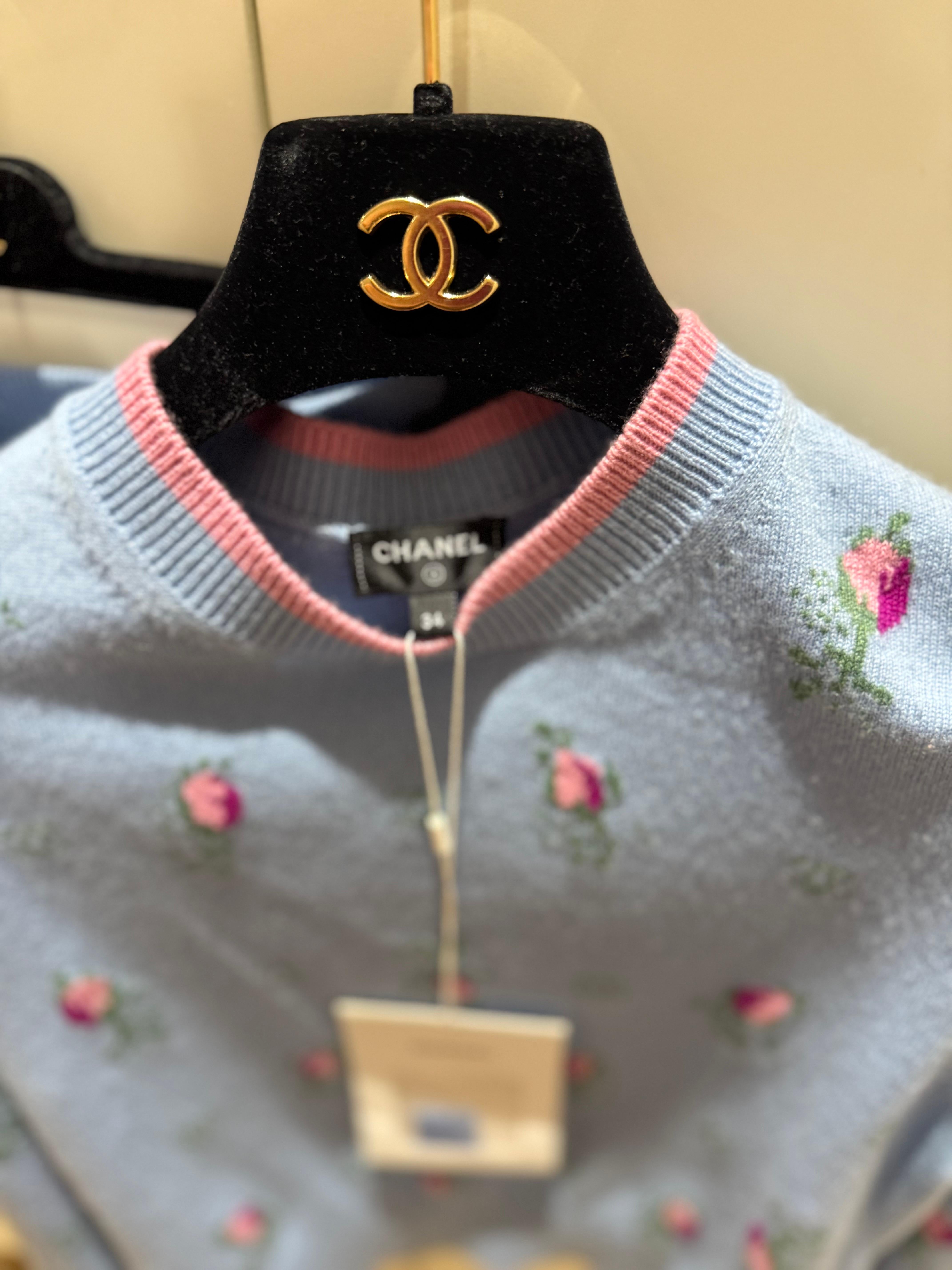Gray Chanel Cashmere sweater in blue, pink and green