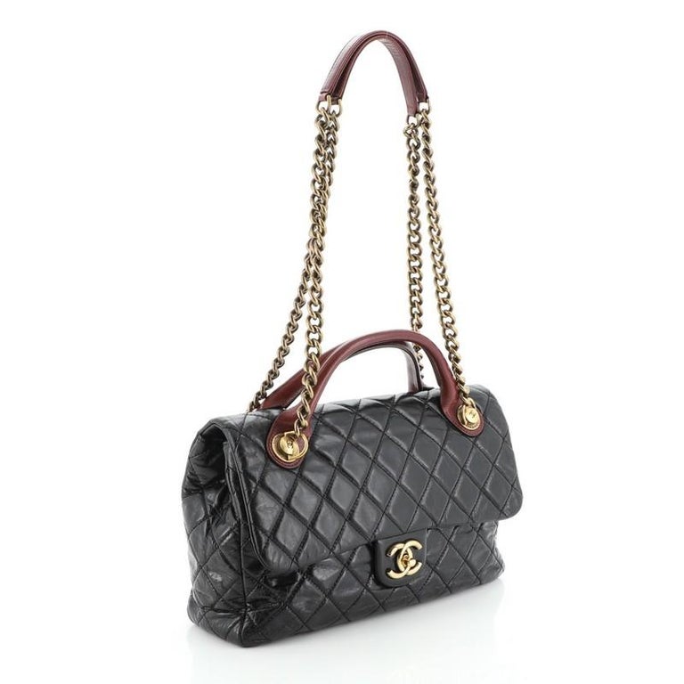 Chanel Black Quilted Glazed Leather Medium Castle Rock Top Handle Bag