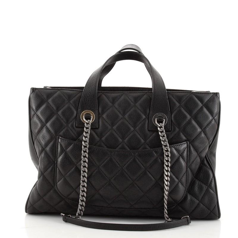 Black Chanel Casual Pocket Shopping Tote Quilted Goatskin Large