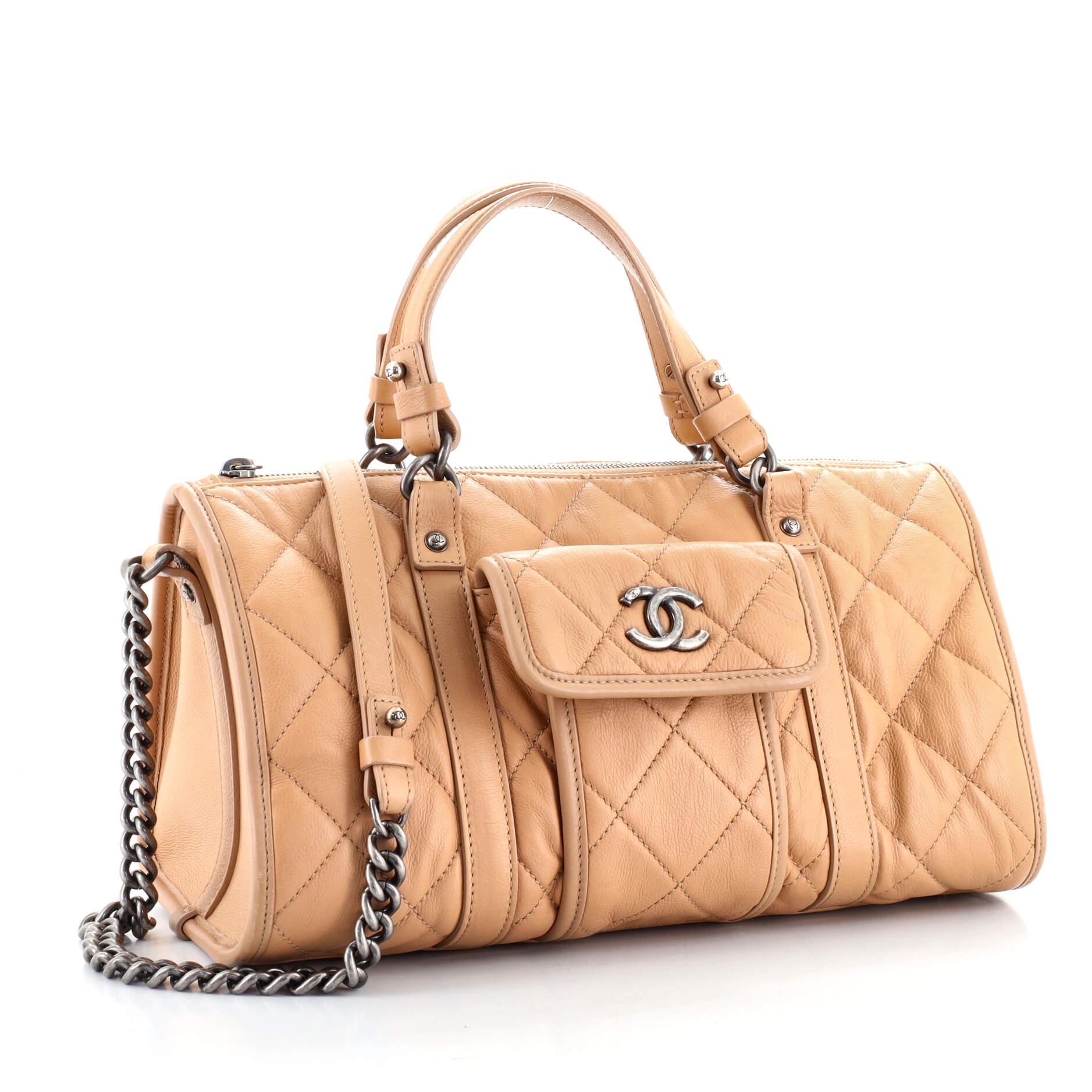 Beige Chanel Casual Riviera Bowling Bag Quilted Calfskin Medium