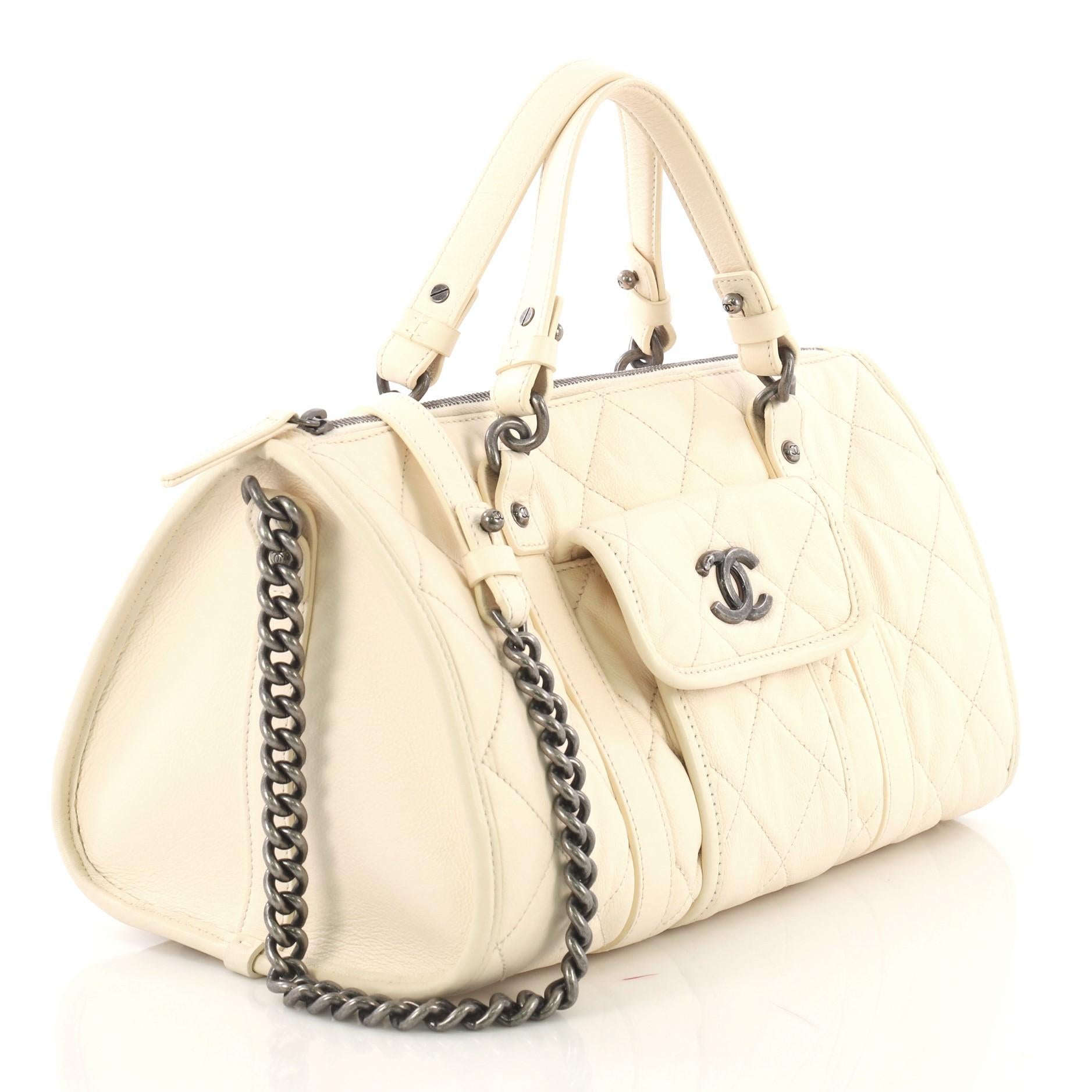 White Chanel Casual Riviera Bowling Bag Quilted Calfskin Medium