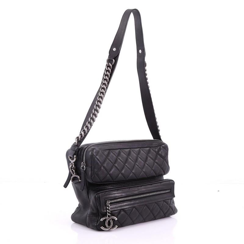 Black Chanel Casual Rock Airlines Shoulder Bag Quilted Goatskin Medium