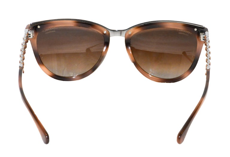 CHANEL Brown Sunglasses with Braided Arms Chanel Cat Eye Braided Chain Arms Sunglasses For Sale at  main image 2