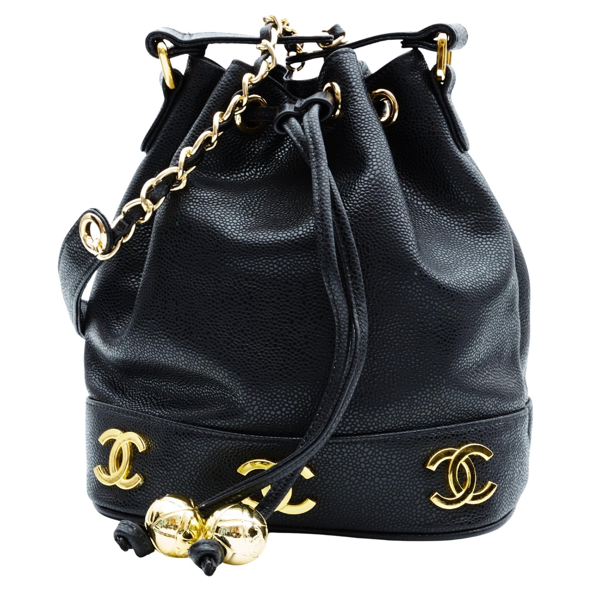 Chanel Caviar CC Drawstring Shoulder Bag Black