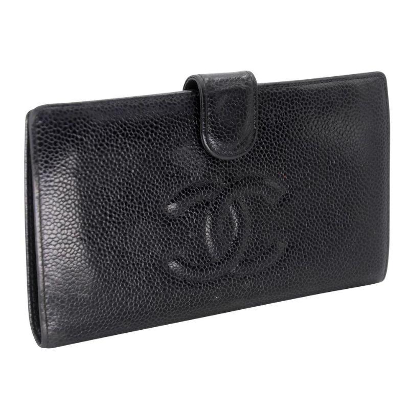 Black Chanel Caviar CC Long Leather French Purse Wallet CC-1029P-0017 For Sale