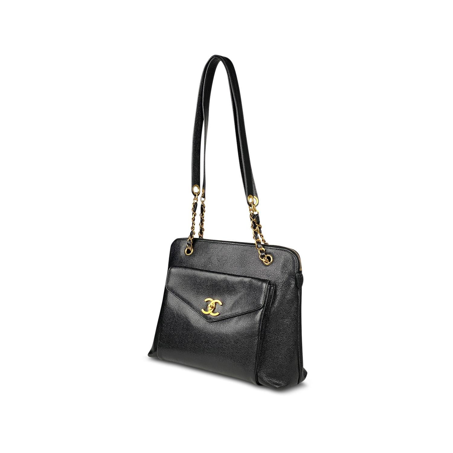 Black quilted Caviar leather Chanel CC tote with

- Gold-tone hardware
- Dual chain-link and leather shoulder straps with leather shoulder guard
- Single exterior pocket with CC turn-lock closure at flap
- Tonal grosgrain lining, dual interior zip