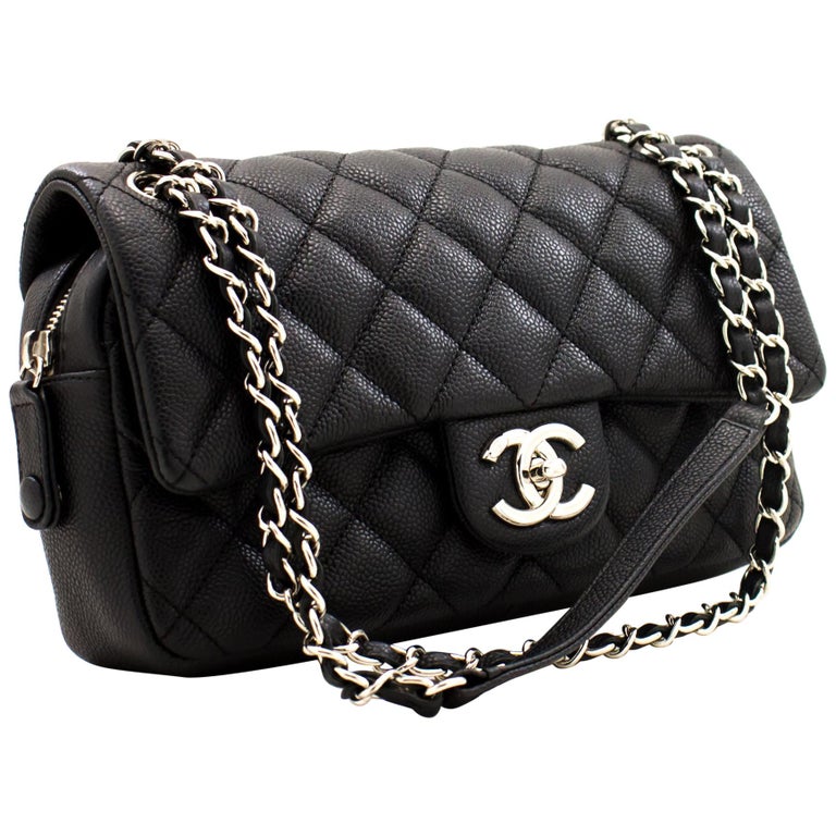 CHANEL Caviar Chain Shoulder Bag Black Flap Quilted Leather Silver For ...