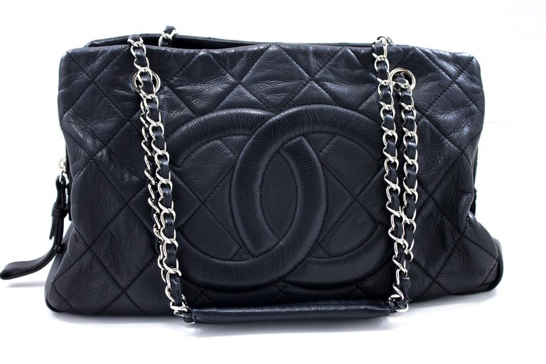 CHANEL Caviar Chain Shoulder Bag Black Quilted Leather Silver Zip For ...