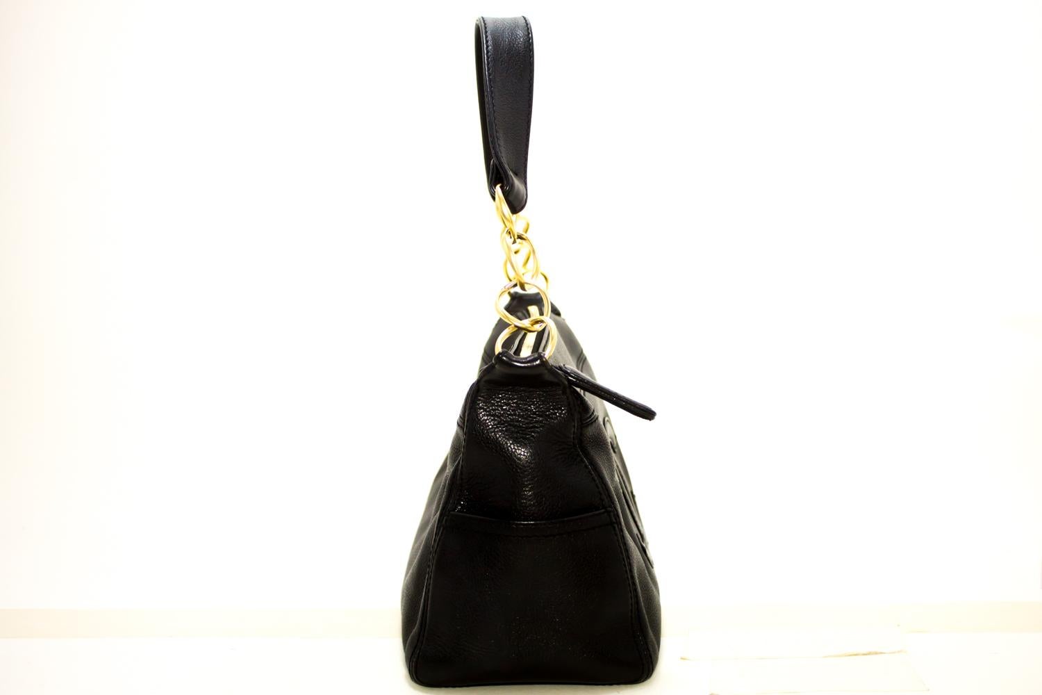 CHANEL Caviar Chain Shoulder Bag Leather Black Zip Goldper 1