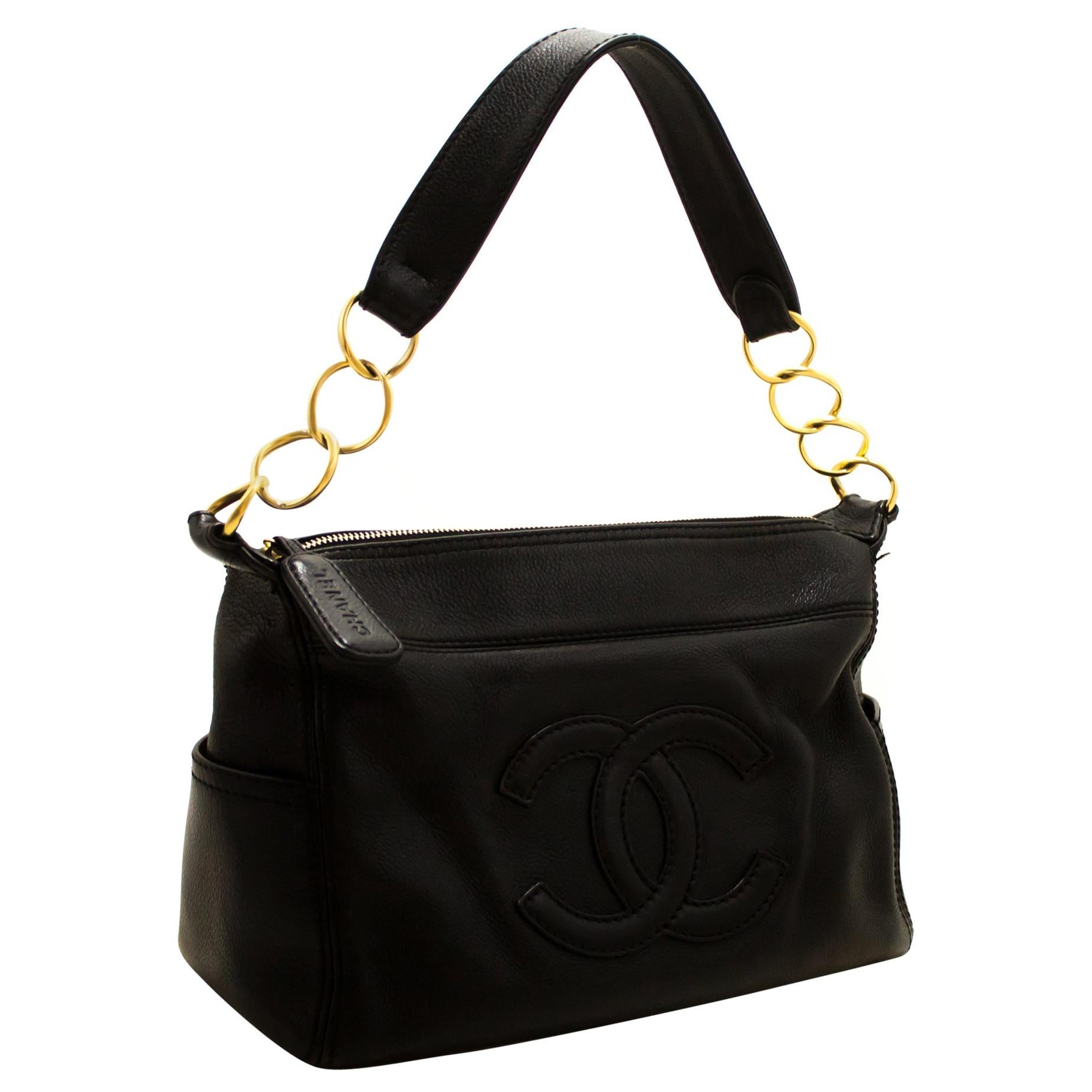 CHANEL Caviar Chain Shoulder Bag Leather Black Zip Goldper