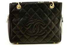 CHANEL Caviar Chain Umhängetasche Einkaufstasche Schwarz gesteppt