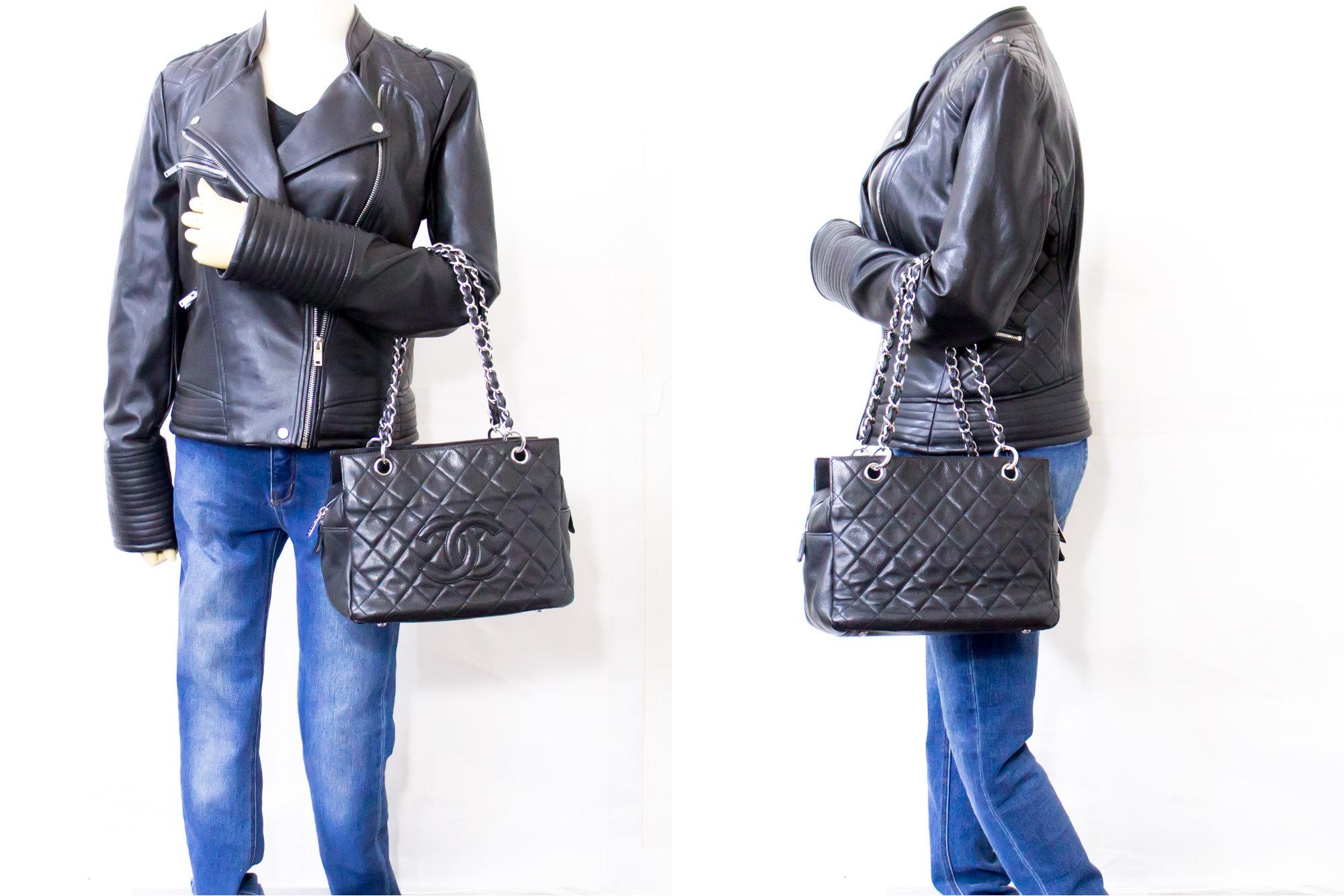 CHANEL Caviar Chain Shoulder Shopping Tote Bag Black Quilted 4